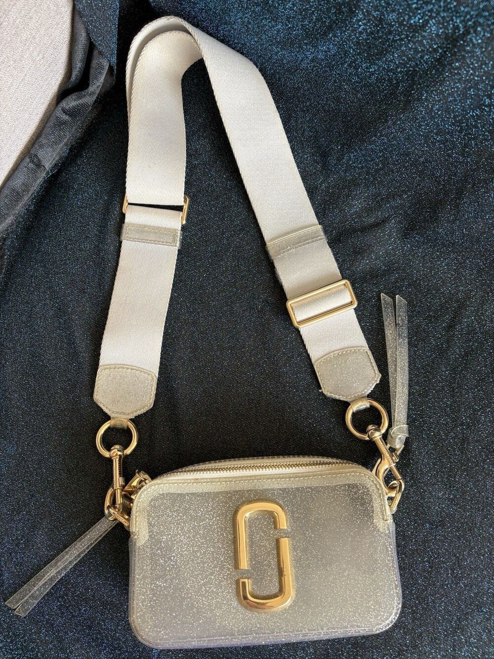 Marc Jacobs Glitter Jelly Snapshot Crossbody Camera Bag Taupe Clear Gold Hardwar
